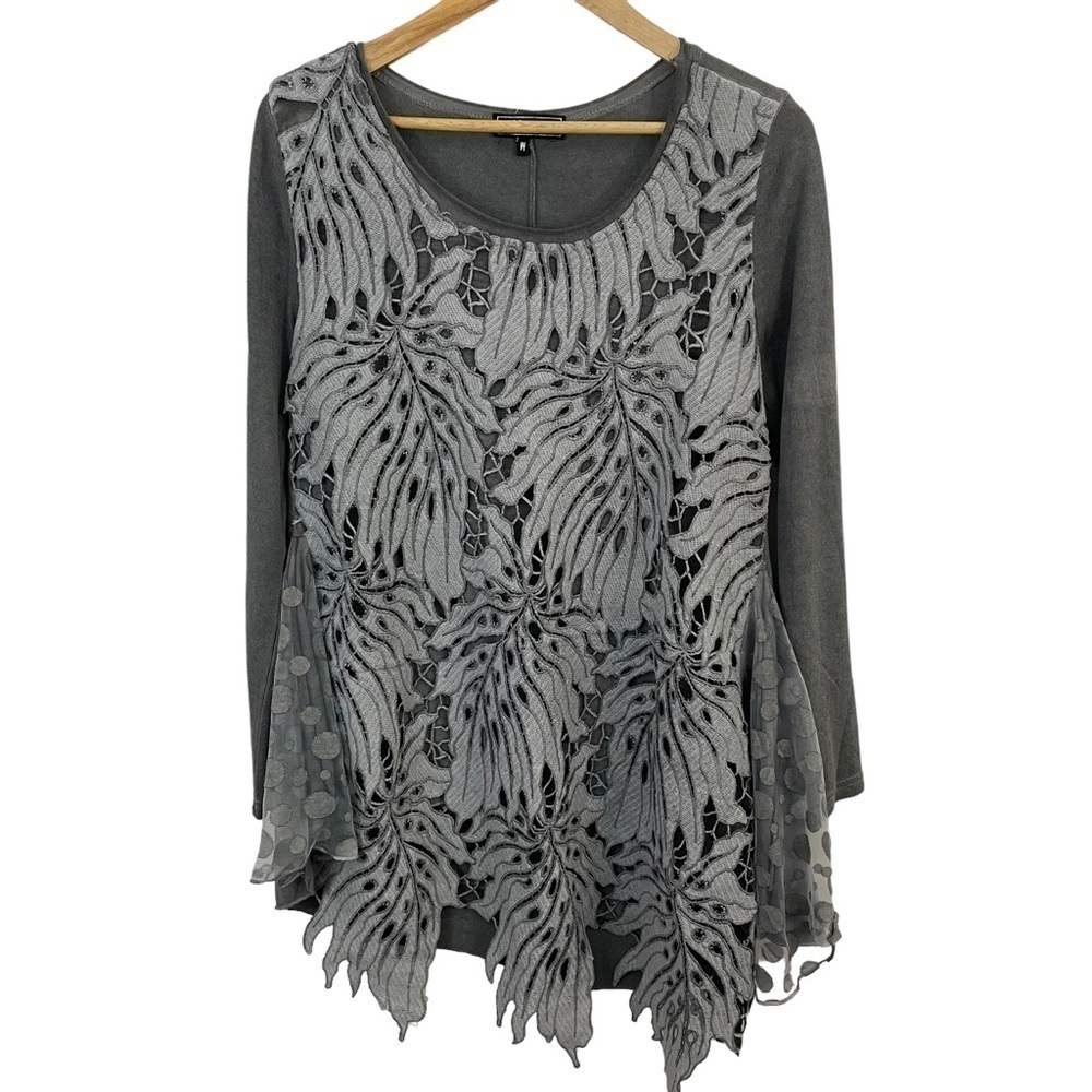 Minkas Floral Appliqué Tunic Top Women’s M Grey Oversized Lagenlook Shirt EUC